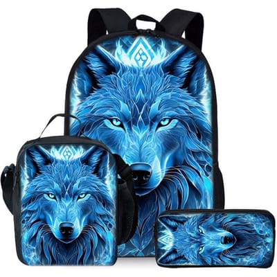 Ensemble Trois Pièces Motif Loup Sacs à Dos pour Garçons et Filles Meilleurs Cadeaux Sac à Dos Scolaire Dessin Animé Plat 2D pour Enfants