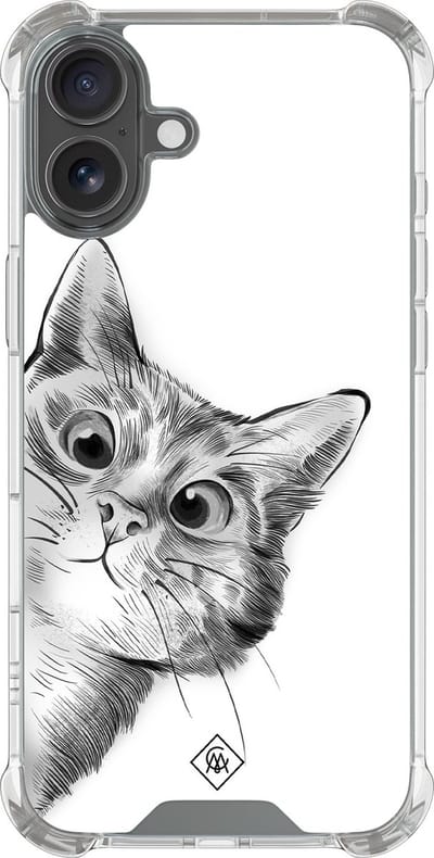 Casimoda® hoesje - Geschikt voor iPhone 16 - Kat Kiekeboe - Shockproof case - Extra sterk - Siliconen/TPU - Grijs, Transparant