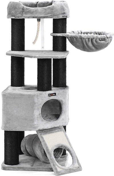 Krabpaal groot -kattenboom met pluizig uitzichtplatform - ligkom en knuffelholte - kattentoren - XL