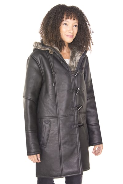 Dames zwarte shearling duffelcoat met capuchon-Lille