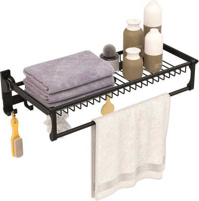 COSTWAY Handdoekhouder inklapbaar, handdoekrek zonder boren, handdoekstang, wandgemonteerd met 9 beweegbare haken en plank, wandorganizer, zelfklevend, voor badkamer, keuken, 59,5 x 26 x 14 cm