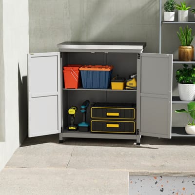 MODFU Tuinkast met werkblad en binnenplank - Voor buiten - Hout - Grijs - 79 x 43 x 92 cm - Opbergkast voor tuin en balkon