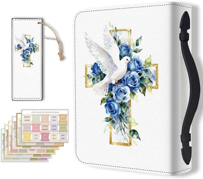 Duurzame Bijbelomslag voor Vrouwen met Rozen en Duiven, Inclusief Bookmark en Handvat, Ideaal voor Studenten en Opbergtassen (Blauw)