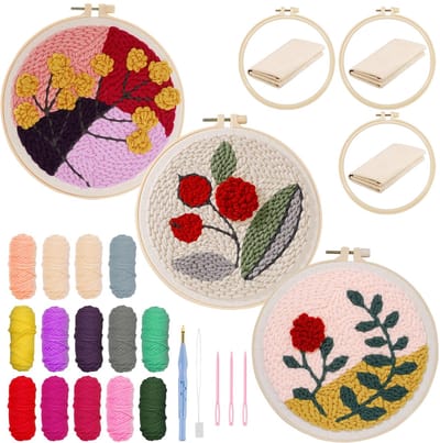 Borduurset starterset, 20 cm ponsnaald borduurwerk starterkit met rozenpatroon, doe-het-zelf stansnaalden kit met borduurframe voor kunsthandwerk, woondecoratie