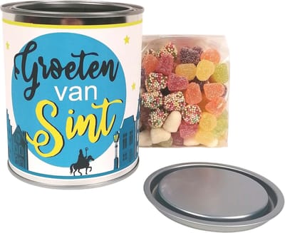 Sinterklaas snoep cadeau | Cadeaublik "Groeten van de Sint" | Gevuld met Tum Tum snoep | Geschenkverpakking | Sint cadeau zoet | Schoencadeau snoep | Pakjesavond |