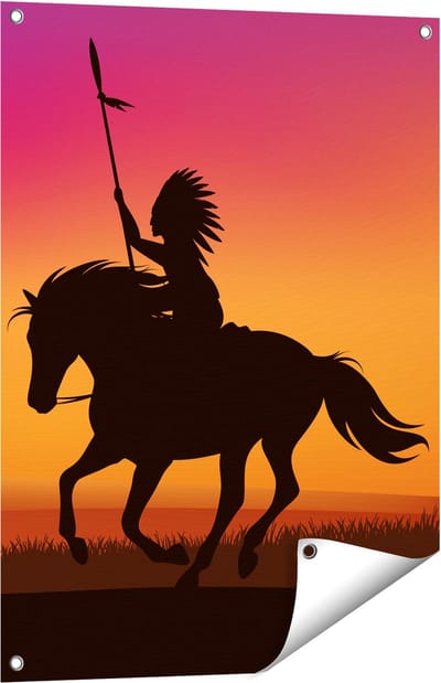 Gards Tuinposter Silhouet van een Indiaan op een Paard - 60x80 cm - Tuindoek - Tuindecoratie - Wanddecoratie buiten - Tuinschilderij