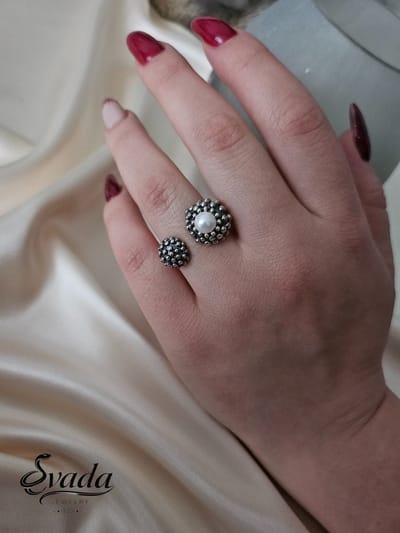925 Sterling Zilver EVADA Jewelry Ring met Kweekparel - Verstelbare Damesring - Vintage Open Design - Handgemaakt - Cadeau voor Haar