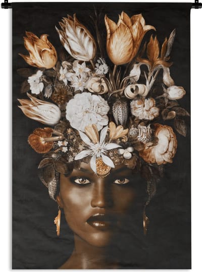 Wandkleed - Wanddoek - Vrouw - Bloemen - Zwart - 60x90 cm - Wandtapijt