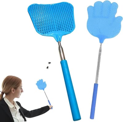 Pack van 2 Uitschuifbare Vliegenmeppers - Stevig Gekleurde Handmatige Vliegenmepper van Sterk Flexibel Plastic om Vliegen, Muggen en Insecten te Voorkomen - Insectenbestrijding (Blauw)