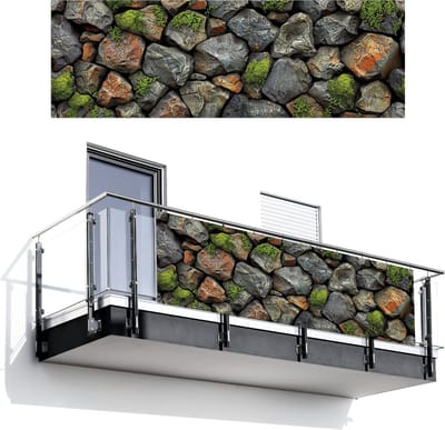 Balkonscherm 300x100 cm - Balkonposter Steenlook - Mos - Grijs - Groen - Balkon scherm decoratie - Balkonschermen - Balkondoek zonnescherm