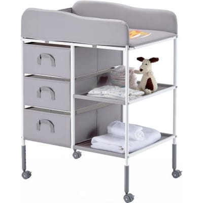 VEVOR Draagbare verschoontafel met 3 stoffen lades en vergrendelbare wielen, in hoogte verstelbare multifunctionele babyverschoontafel met opbergorganizer voor de kinderkamer, grijs