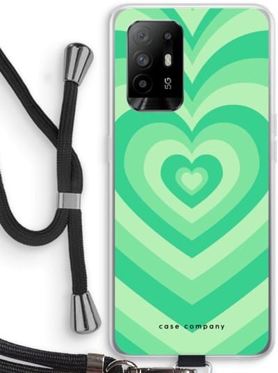 Case Company® - Hoesje met koord geschikt voor Oppo A94 5G hoesje met Koord - Hart Groen - Telefoonhoesje met Zwart Koord - Bescherming aan alle Kanten en Over de Schermrand