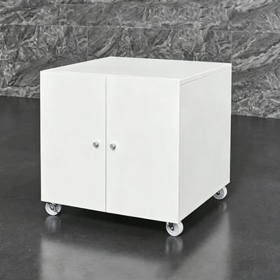 Metalen printerkast op wieltjes met deur en verstelbare legplanken compact opbergmeubel voor documenten thuiskantoor wit afmeting 60x60x60 cm organiseert papier en printerapparatuur zonder rommel op bureau