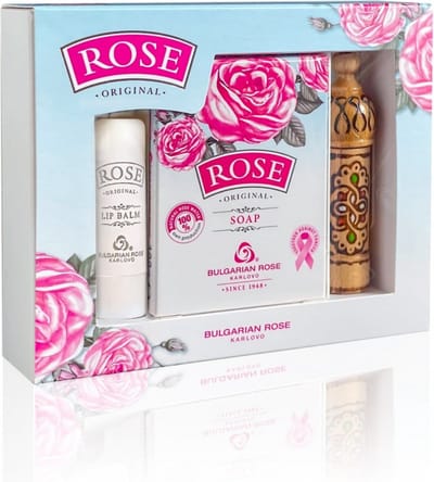 Rose Original Mini gift set | Een compacte cadeauset met lippenbalsem, handzeep en pafrumsessence met 100% natuurlijke Bulgaarse rozenolie en rozenwater