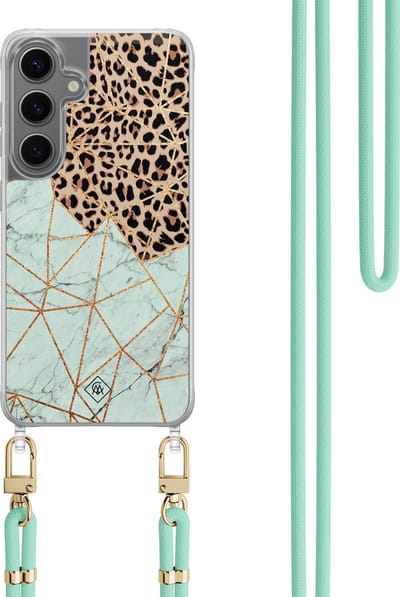Casimoda® hoesje met koord - Geschikt voor Samsung S24 - Luipaard Marmer Mint - Afneembaar koord - TPU/polycarbonaat - Mint