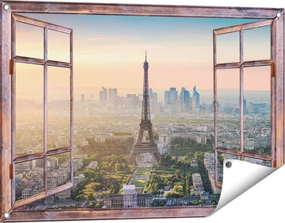 Gards Tuinposter Doorkijk Skyline van Parijs met de Eiffeltoren - 90x60 cm - Tuindoek - Tuindecoratie - Wanddecoratie buiten - Tuinschilderij