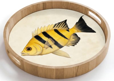 Dienblad rond 40x40 cm - Schootdienblad hout - Geel - Vis - Strepen - Tropisch - Borrelplank rechthoek - Plateau houten dienbladen