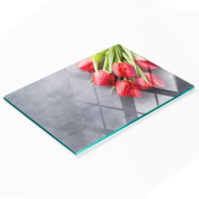 Decoratieve glazen snij- en serveerplank met rode tulpen, 80x52 cm