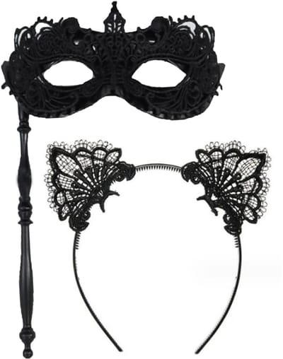 Dailygoody - Kanten kostuum accessoires - Maskerade masker met stok - Uniek ontwerp - Kattenoren hoofdband - Feestbenodigdheden voor Halloween - Gesc