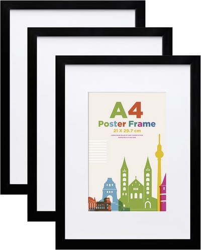 Set van 3 Houten Fotolijsten A4 met Acrylglas - Wandophanging - Zwart