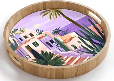 Dienblad rond 40x40 cm - Schootdienblad hout - Huizen - Minimalistisch - Palmbomen - Kust - Borrelplank rechthoek - Plateau houten dienbladen