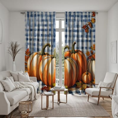2 stuks HD blauw geruit pompoen esdoornblad decoratief gordijn Gele band digitaal bedrukt gordijn Huisdecoratie stijl decoratie W52H63inchW132H160cm gray