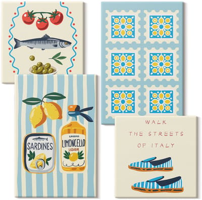 Wallfluent Set van canvas schilderijen - Fruitpatronen en elementen van de Italiaanse cultuur Canvas Schilderijen Set - Set van 4 Canvas Schilderijen - Turkoois Set van Canvas Prints - Hobby Canvas Kunst Set - Boheemse Canvas Kunst Set