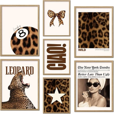Posterset Luipaardprint - Cheetah Prints - Kamer Decoratie - Set van Zeven - Met Houten Lijst - Multicolor
