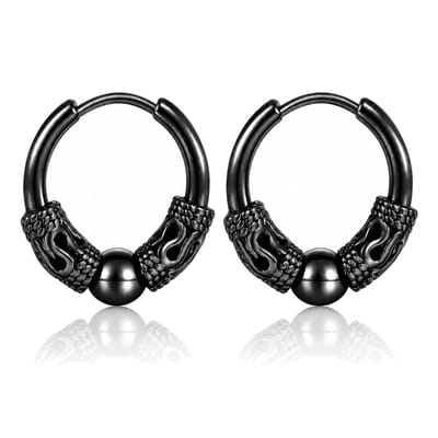 Heren oorringen staal zwart met details en balletje - 20mm