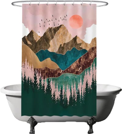 Ulticool Douchegordijn Anti Schimmel – Kunst Natuur Bos Bergen Bohemian - 120x180 cm – Inclusief Ringen – Waterdicht & Wasbaar - Semi Transparant - Aesthetic Hippie Boho Decoratie Landelijk - Roze Blauw