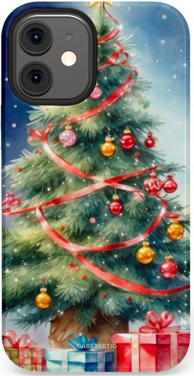 Casetastic hoesje geschikt voor Apple iPhone 12 Mini - Dubbellaagse bescherming - Aquarel Kerstboom Cadeau - Fashion Case - Grijs Donkerblauw Saliegroen Beige