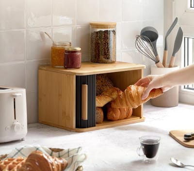 Famanu - Kleine broodtrommel van fsc hout met schuifdeur 33 x 23 cm ruimtebesparende en stijlvolle broodtrommel voor langere versheid zwart | Luxe opberger, modern design voor keuken en dagelijks gebruik