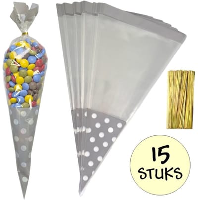 15x Cellofaan Puntzakken Grijze Stippen 37x18 cm - Uitdeelzak - Traktatie Zak - Snoepzak - Inclusief Sluitstrips - 18x37 cm - Grijs - 15 Stuks