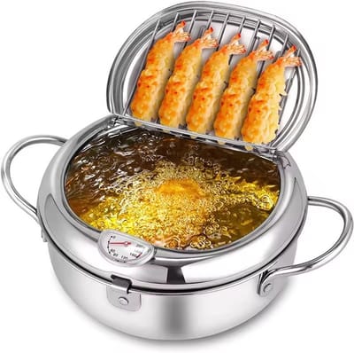 Kleine Frituur Pan - Mini Friteuse Diameter 24cm - Japanse Frituurpan - Friteuse 3.4 Liter - Met Thermometer - Frietpan - Frituurpan - Huisraad Friteuse - Chipfriteuse - Friteuse - Makkelijk Schoon Te Maken - Geschikt Voor Gas En Inductie - Zilver