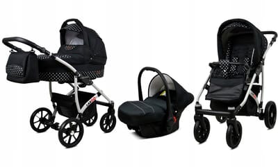 BabyLux® Kinderwagen 3in1 – LARGO - WHITE DOTS SILVER FRAME - Opklapbare Wandelwagen incl. Reiswieg, Multifunctionele Buggy Sportstoel, Autostoel - Combi-kinderwagen met Luiertas, Regenhoes, Klamboe, Bekerhouder, etc.