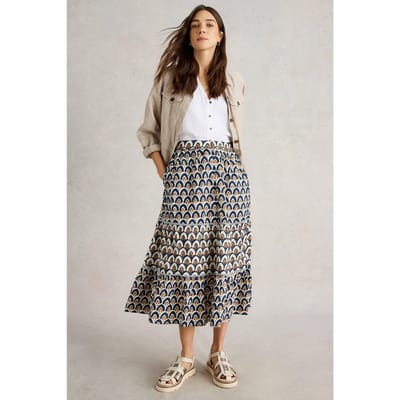 White Stuff Ariel Mix Print Midi Skirt Navy Print Maat: 18 REGULAR | Midi Rokken Outlet | Dames | Blauw