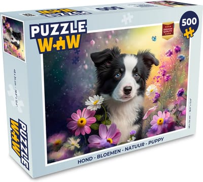 Puzzel Hond - Bloemen - Natuur - Puppy - Bordercollie - Legpuzzel - Puzzel 500 stukjes