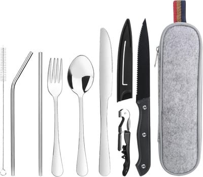 Famanu – Reisbestek, campingbestek, 9-delig, roestvrij staal, met bestektas, draagbaar campingbestek, zilver