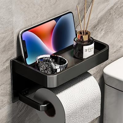 Toiletpapierhouder met plank - Zwarte wandmontage zonder boren - RVS design voor badkamer en keuken - Inclusief bevestigingsmateriaal