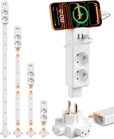 Verlengsnoer met 4-Weg Richtingstekker, USB-C, 2 USB-A & 2 AC Stopcontacten, Uitschuifbaar van 20-91 cm, Geschikt voor Moeilijk Bereikbare Stopcontacten en Muurmontage
