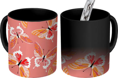 Magische Mok - Foto op Warmte Mokken - Koffiemok - Vlinders - Patronen - Roze - Magic Mok - Beker - 350 ML - Theemok