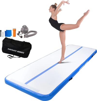 Opblaasbare Gymnastiekmat 3m - 8m met Elektrische Luchtpomp - Duurzaam en Gemakkelijk te Transporteren - Ideaal voor Gymnastiek en Yoga - Droogbaan (Blauw)