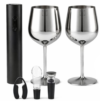 House of Husk RVS Wijnglazen Set met Accesoires - Auto Kurkentrekker - Wijnstopper - Wijnbeluchter - Foliesnijder - Giftbox - Zilver