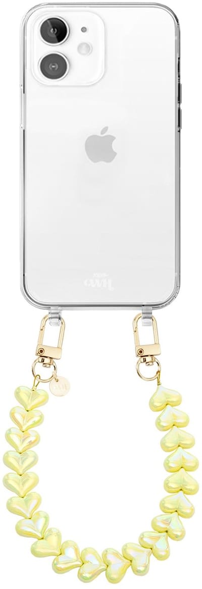 xoxo Wildhearts siliconen hoesje - Geschikt voor iPhone 12 hoesje - Funky Hearts (Yellow Metallic) - Telefoonhoesje - Hoesje met koord - Geel koord - kort telefoonkoord - Hartjes ketting - Transparant hoesje