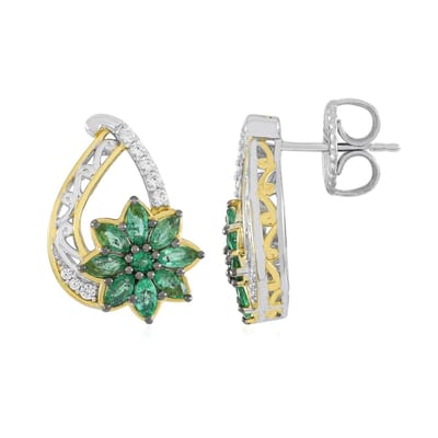 Cavill - Elegante Zilveren Oorbellen met Palladium - 1.33ct Zambia Smaragd Marquise & Ronde Steentjes - Bloemvormige Oorbellen