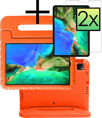 Hoes - Geschikt voor Apple iPad Pro (2022) - 11 inch - 4e generatie - Met 2x Screenprotector - Kinderhoes Shockproof Bumper - Kidsproof Case - Tablet Hoesje - Kinder Cover - Oranje