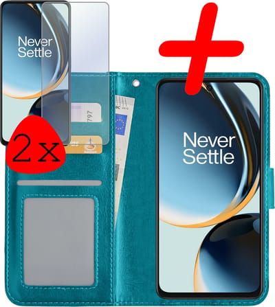 Hoesje Met 2x Screenprotector - Geschikt voor OnePlus Nord CE 3 Lite - Luxe Pasjeshouder - Bookcase Portemonee - Flip Case - Kunstleer Book Case - Flipcase Hoes - Book Cover - Walletcase - Portemonneehoes - Turquoise