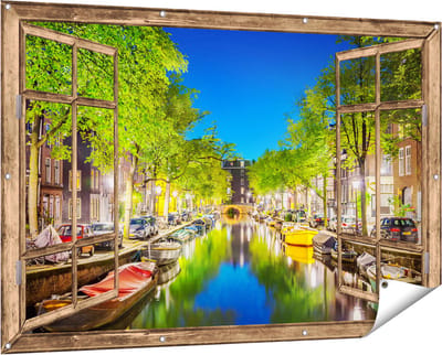 Gards Tuinposter Doorkijk Amsterdamse Gracht in de Nacht - 150x100 cm - Tuindoek - Tuindecoratie - Wanddecoratie buiten - Tuinschilderij