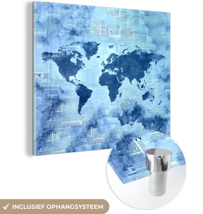 MuchoWow® Glasschilderij 90x90 cm - Schilderij acrylglas - Wereldkaart - Abstract - Blauw - Foto op glas - Schilderijen