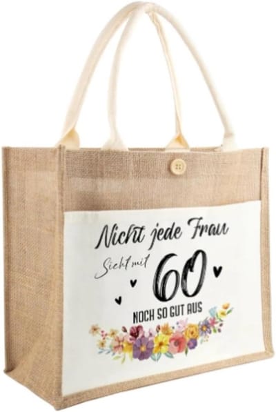 Herbruikbare jute boodschappentas voor dames van 60 jaar, ideaal voor winkelen, kamperen en dagelijks gebruik